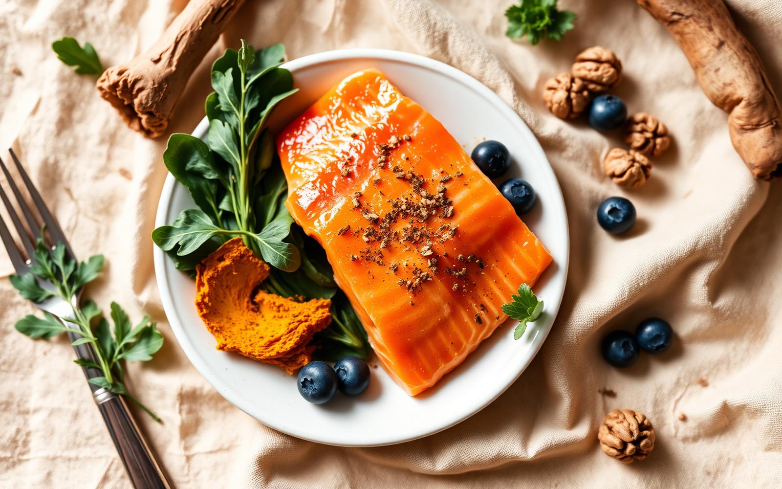 Colorful bowl of berries, leafy greens, salmon and turmeric on a wooden board
