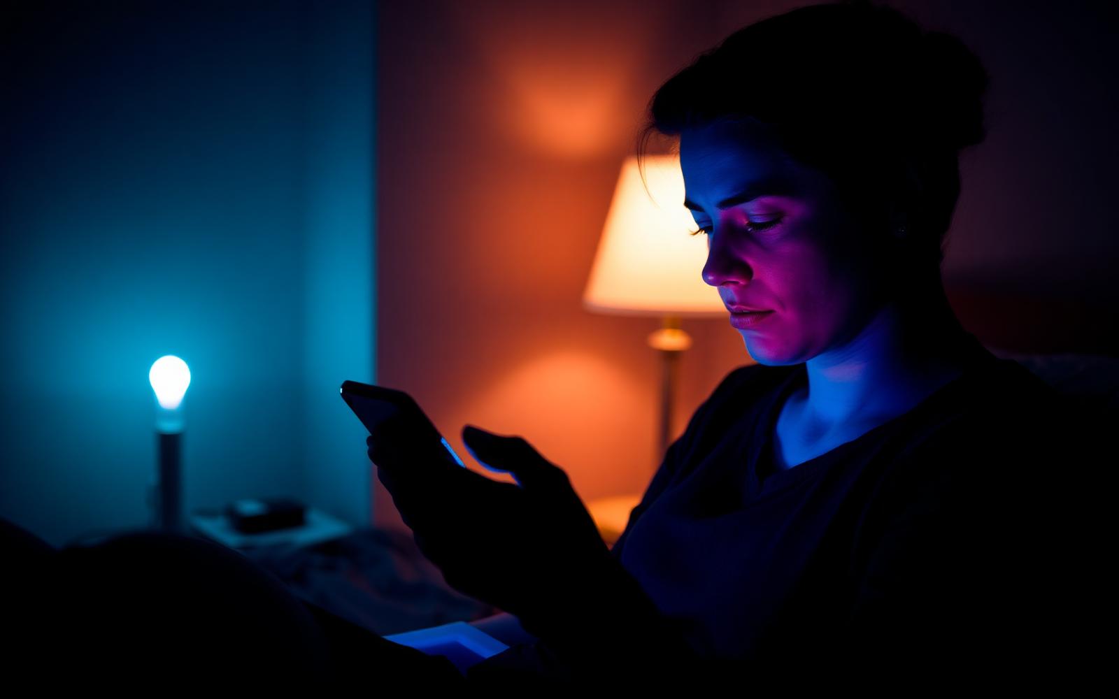 Bedroom at night with a phone screen glowing on the nightstand