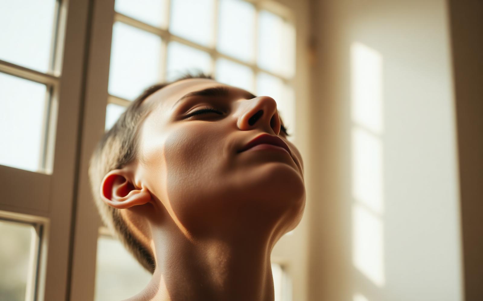 Close-up of a person breathing calmly with hands on the chest
