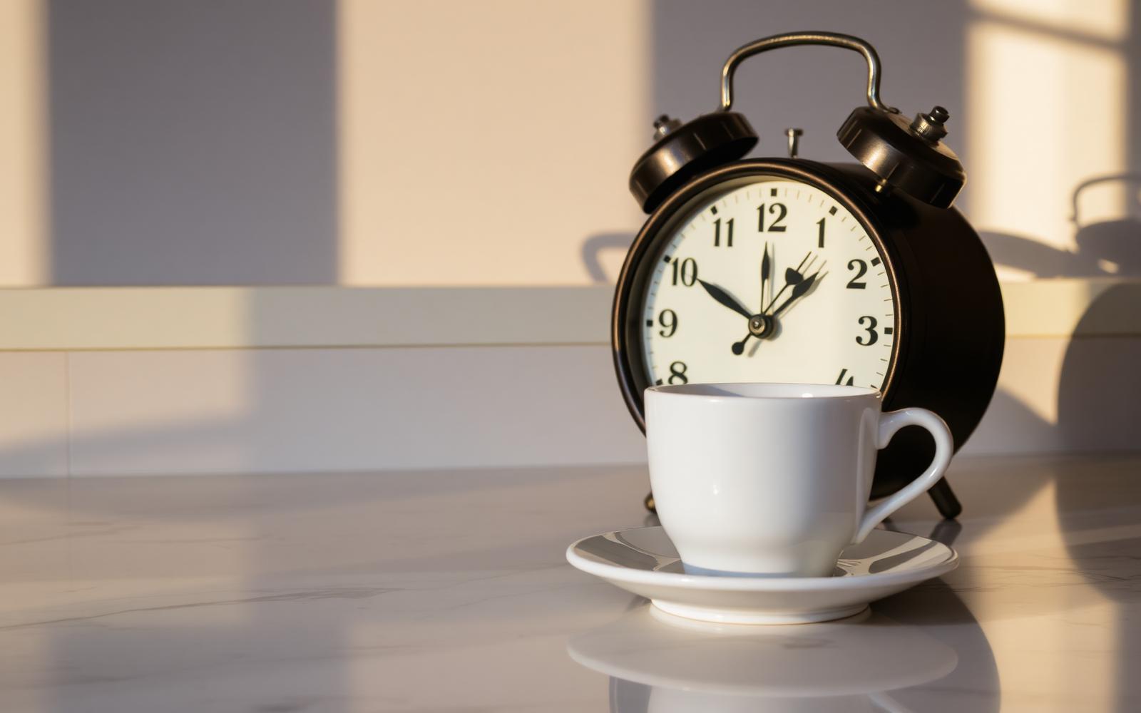 Empty espresso cup beside a wristwatch showing 2 p.m.