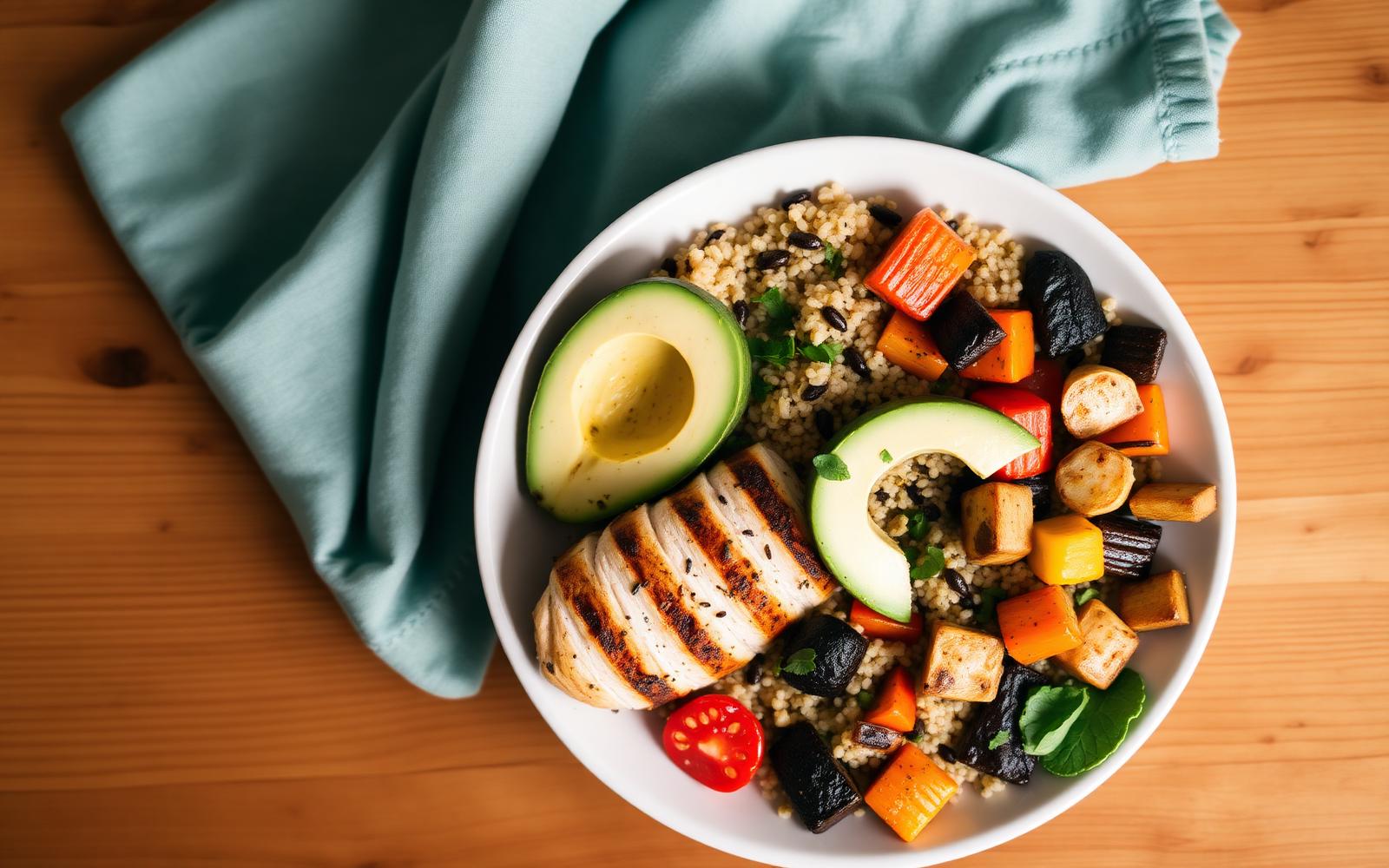 Half-filled dinner plate of vegetables, lean protein and grains