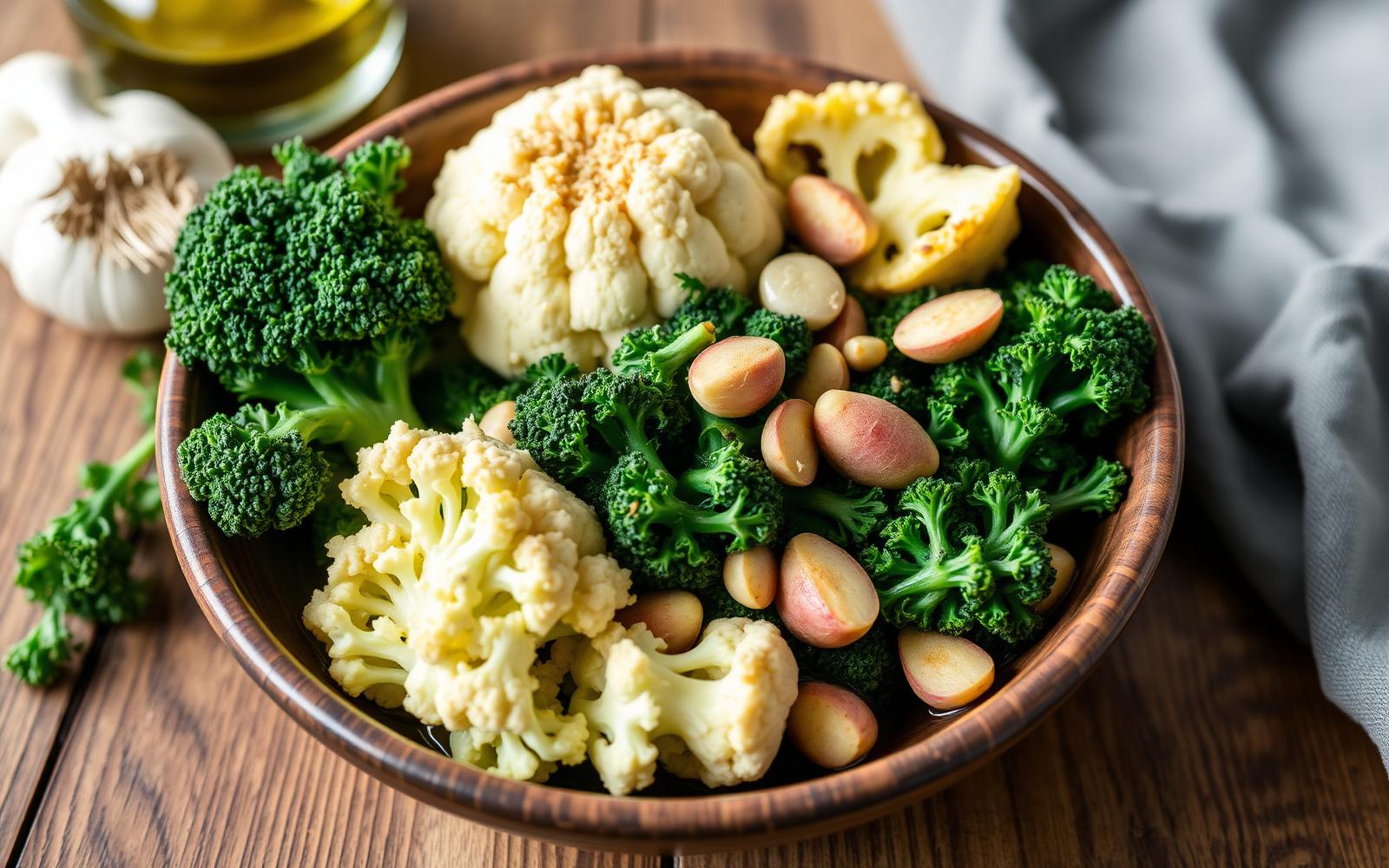 Fresh cruciferous vegetables — broccoli, kale and cauliflower — on a cutting board