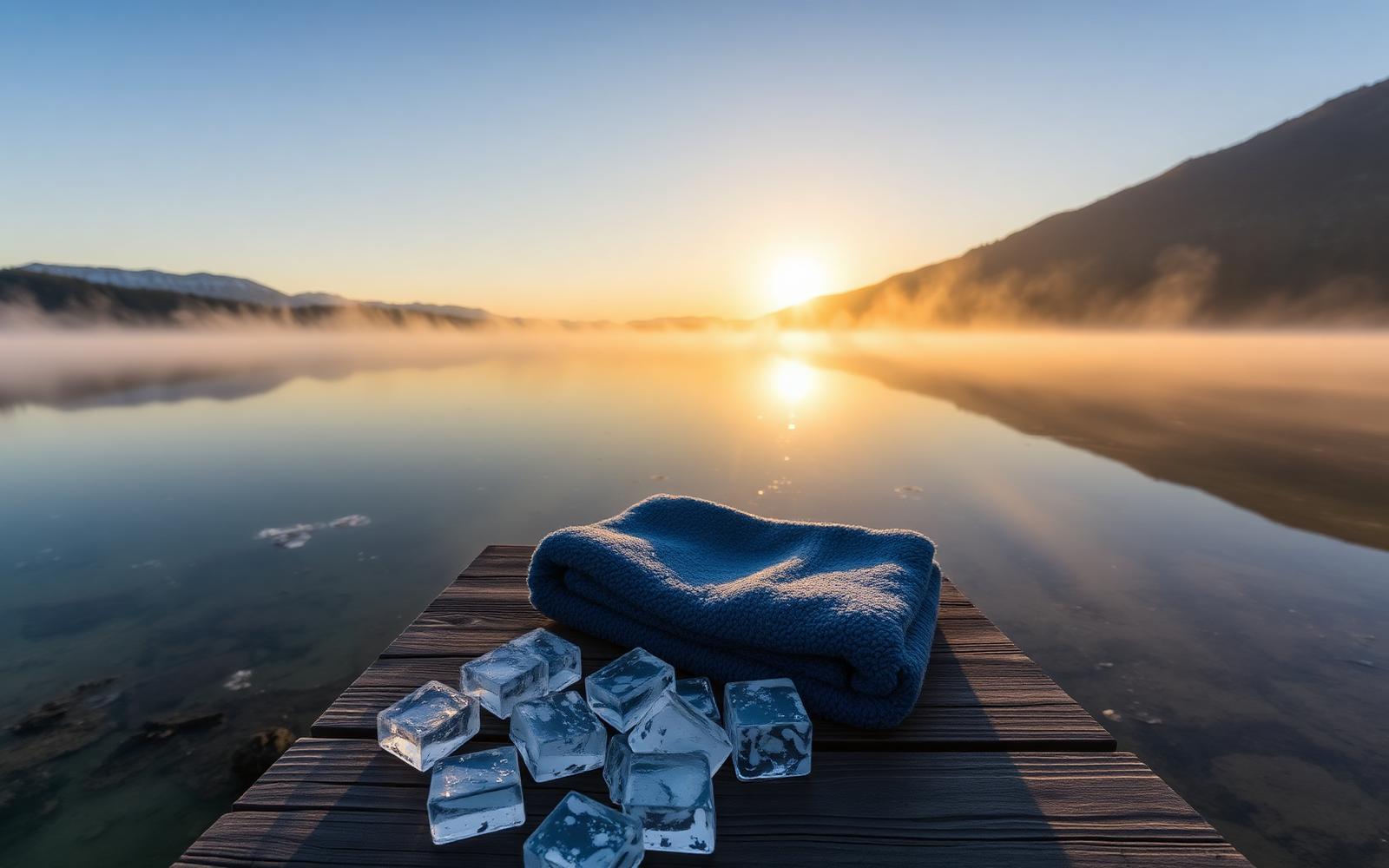 Athlete stepping into an icy plunge tub beside snowy pines