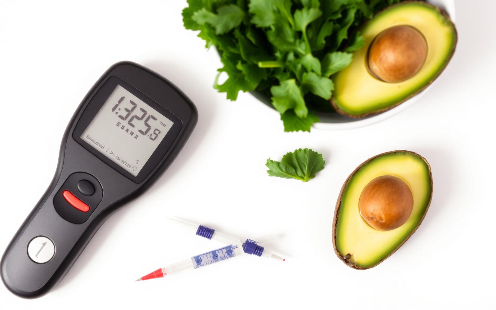 Glucose meter, lancet and a bowl of berries on a white surface