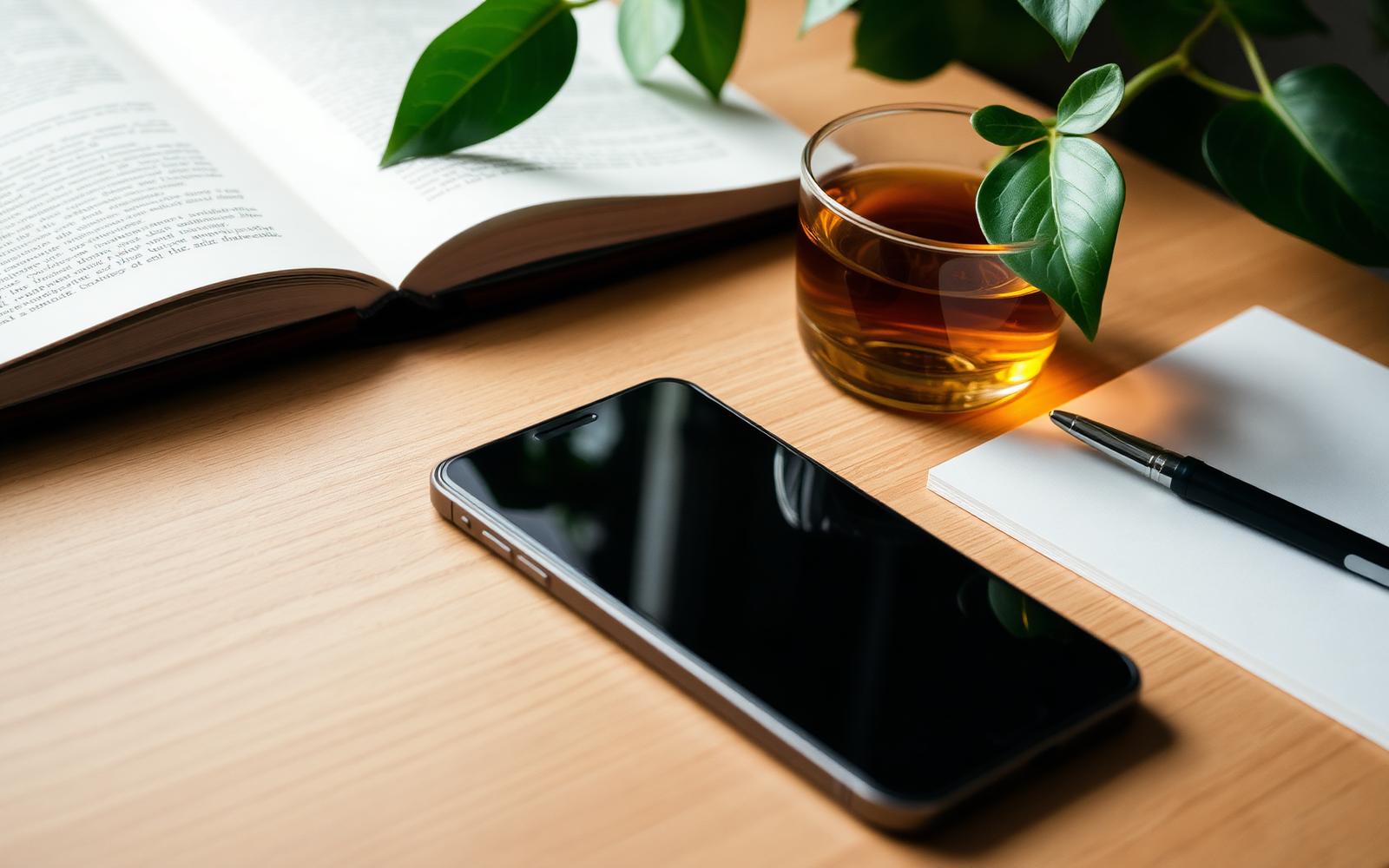Smartphone face-down on a wooden table next to a paperback book