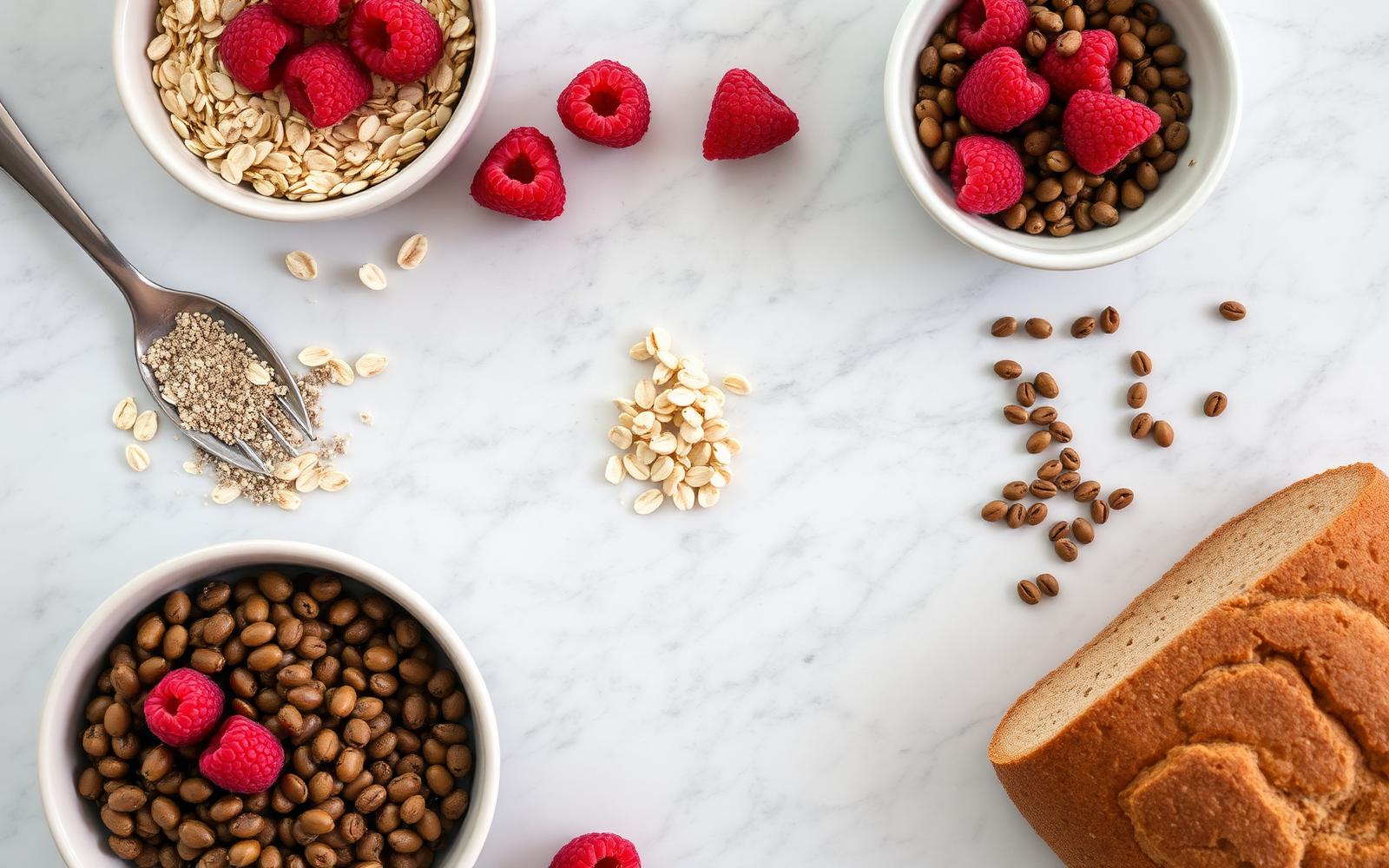 Oats, chia seeds, raspberries and almonds in small ceramic bowls