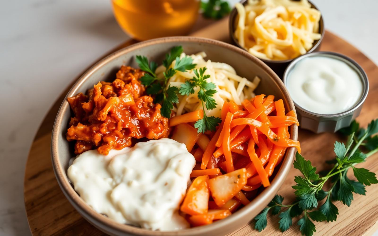 Glass jars of fermented kimchi, sauerkraut and kefir on a kitchen counter