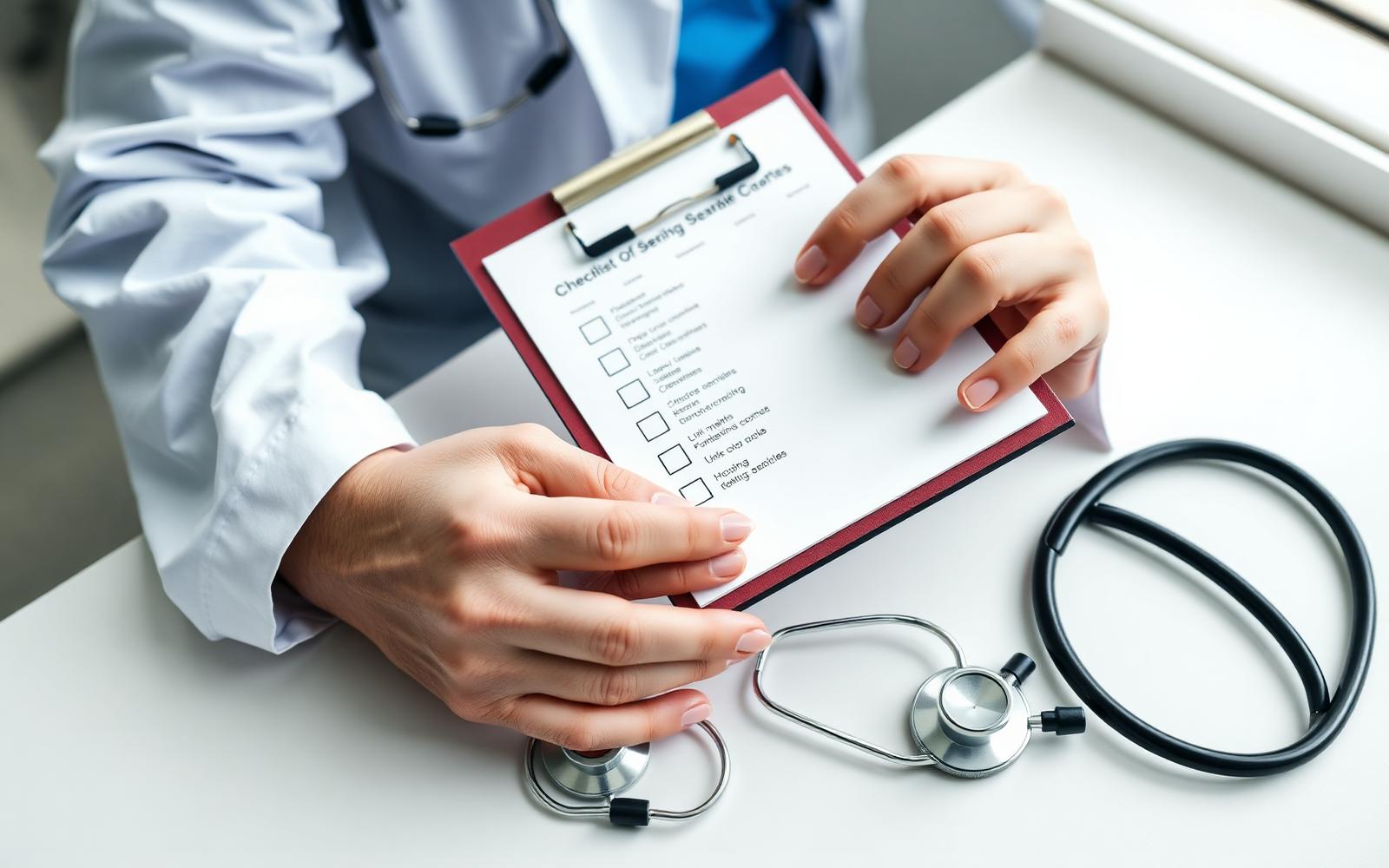 Doctor reviewing a clipboard chart with a patient in a clinic