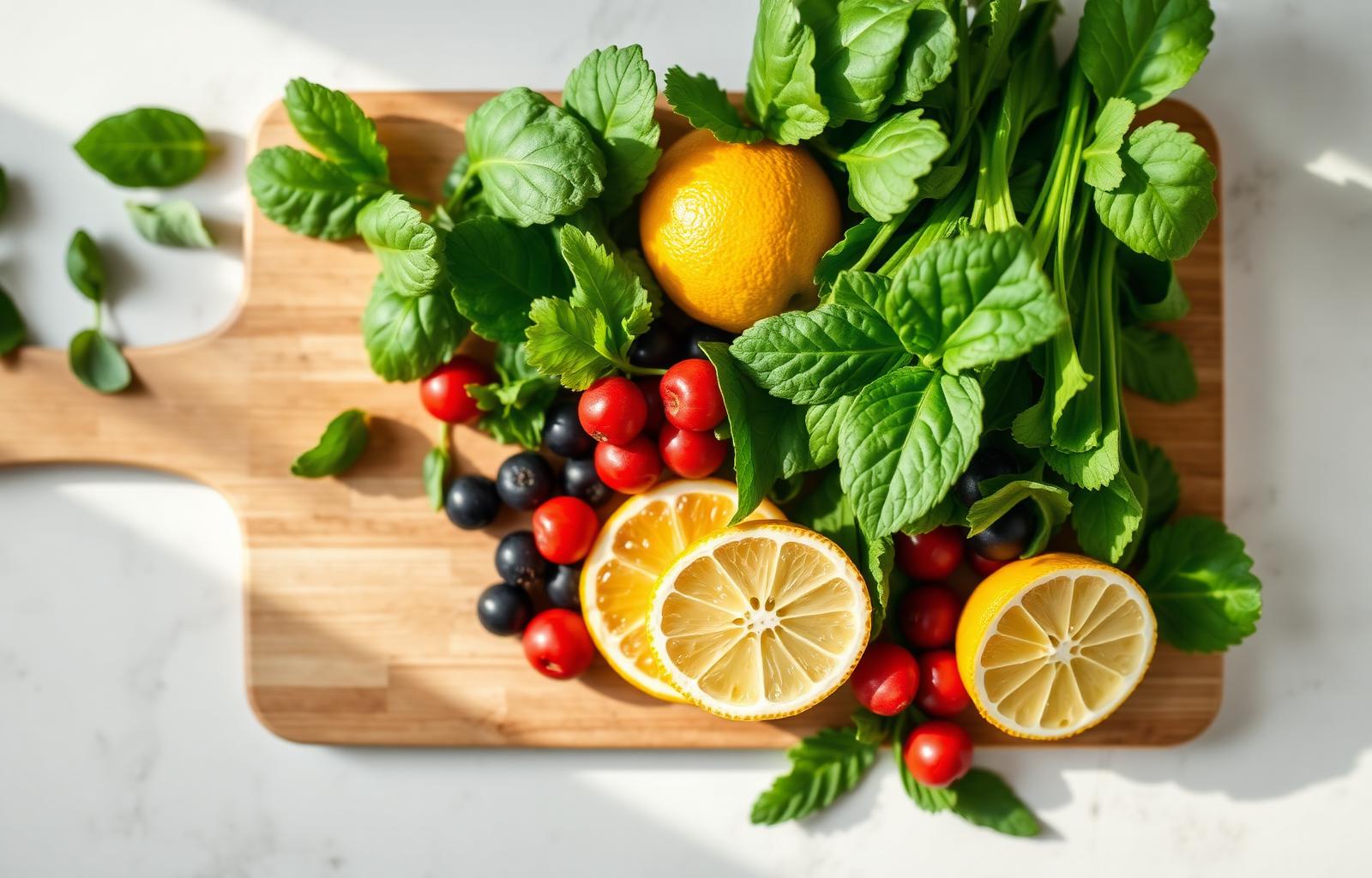Fresh leafy greens, citrus and berries on a wooden cutting board