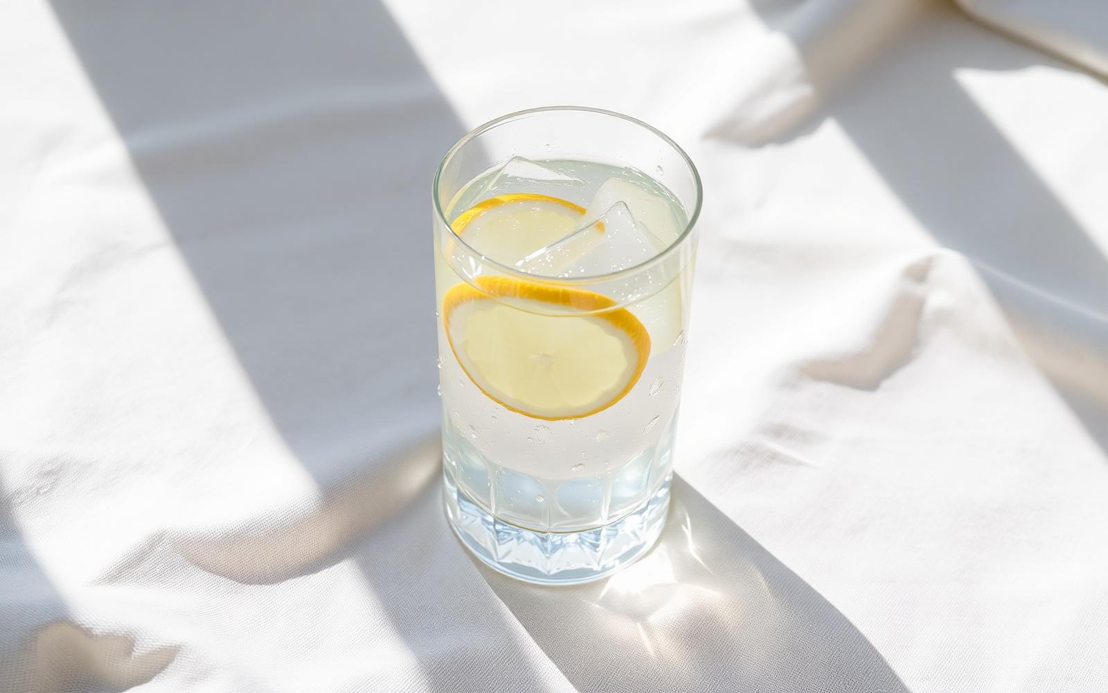 Glass water bottle and sliced lemon on a sunlit wooden table