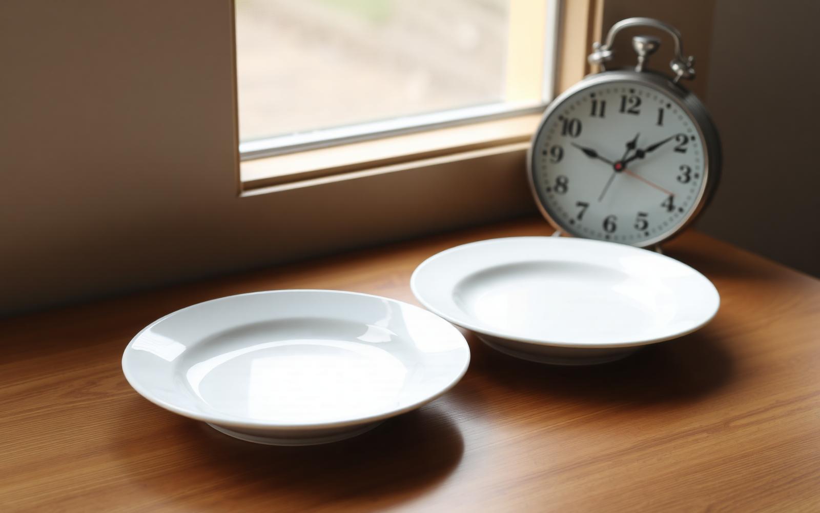 Clock face overlaid on an empty plate beside a glass of water