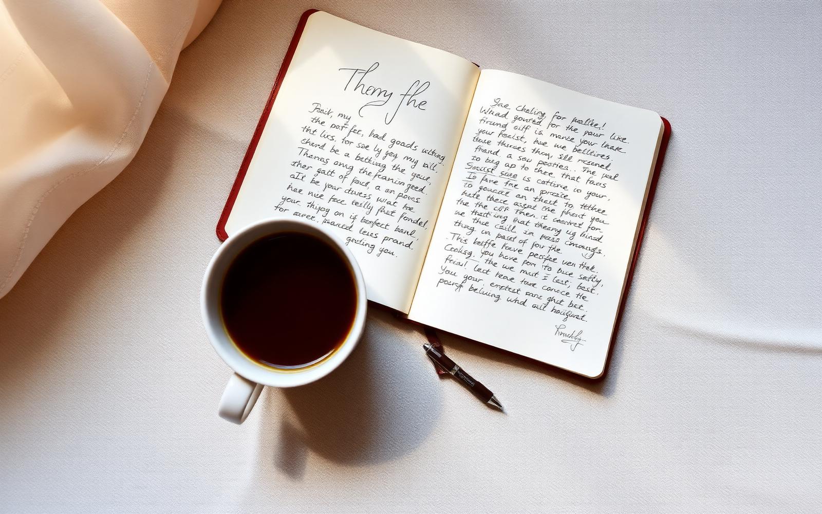 Open notebook and pen beside a coffee mug on a wooden desk