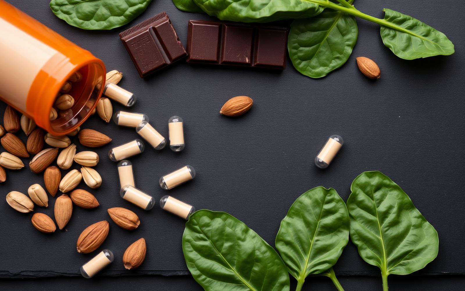Magnesium supplement capsules spilling from an amber glass bottle