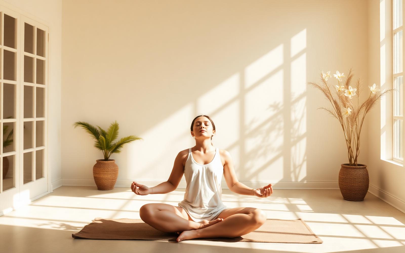 Woman meditating peacefully on a yoga mat in a bright, sunlit minimalist room