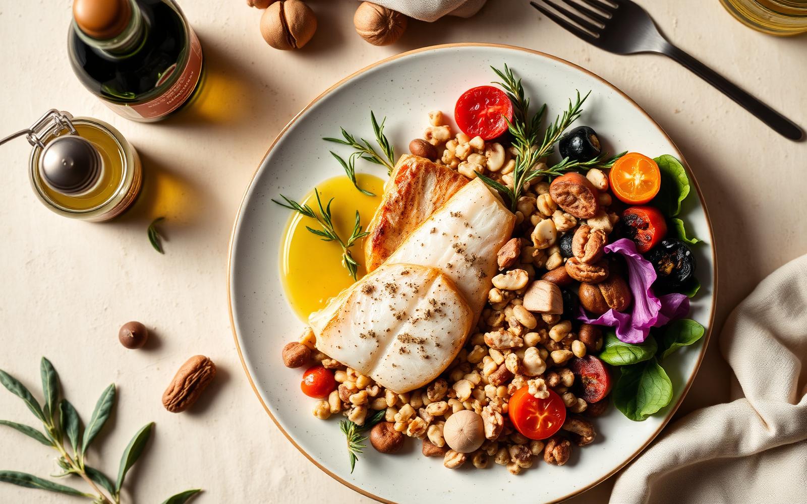 Mediterranean diet plate with grilled fish, olive oil, whole grains, olives and fresh vegetables on cream linen
