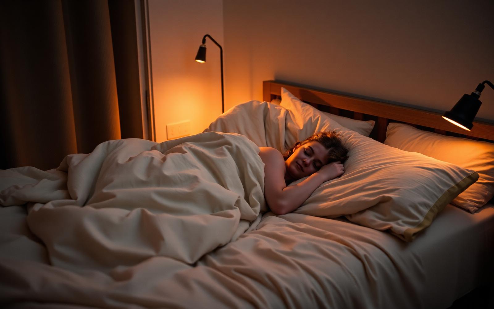 Person sleeping peacefully in a cozy bedroom with soft warm lamp light