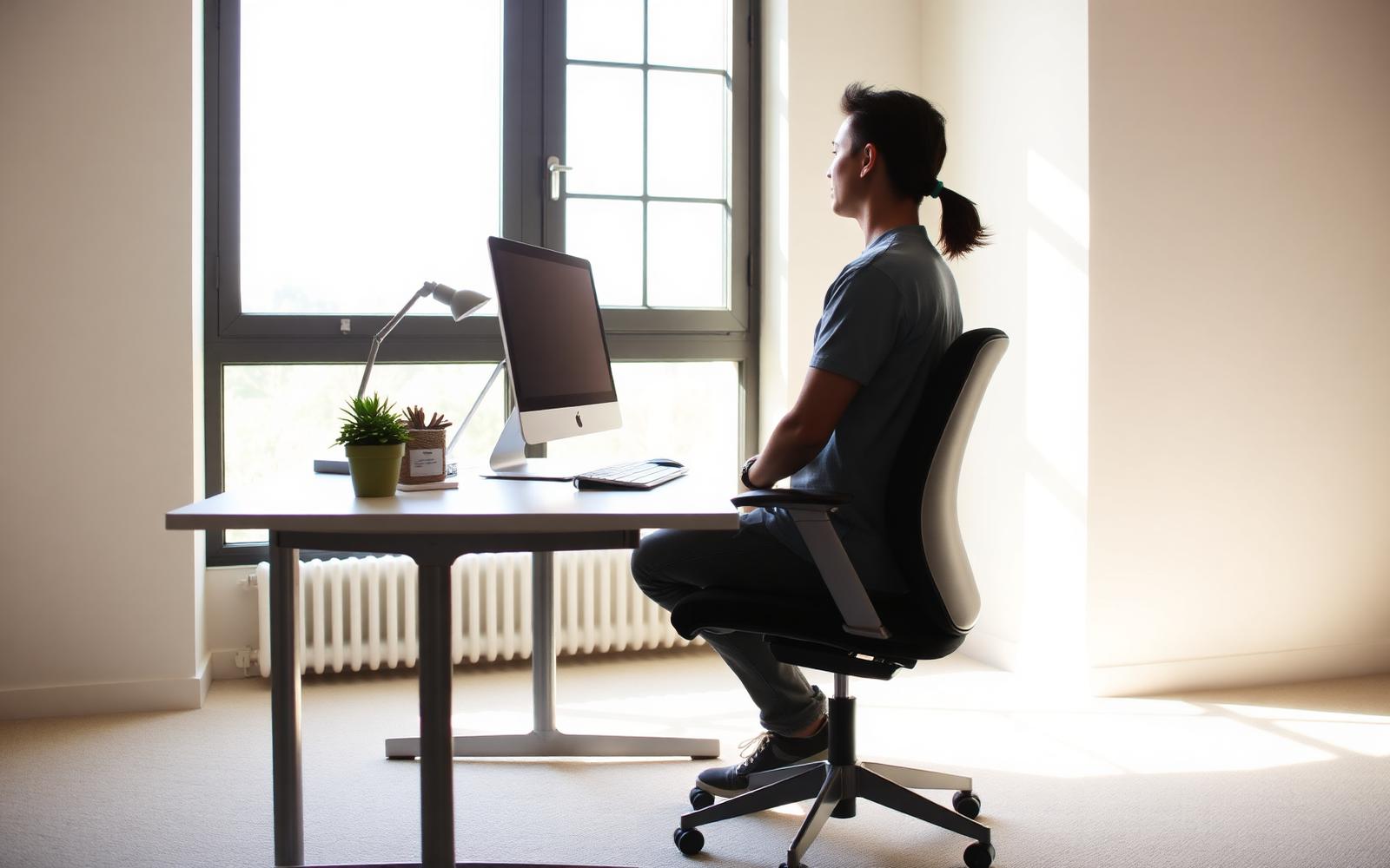 Woman sitting at a desk with upright posture and ergonomic chair