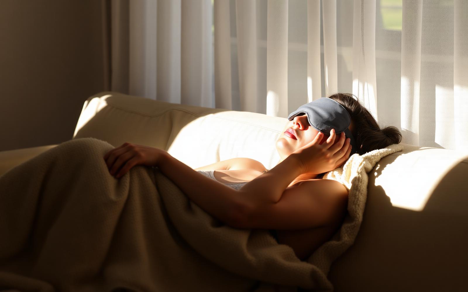 Person napping on a couch under a soft afternoon blanket