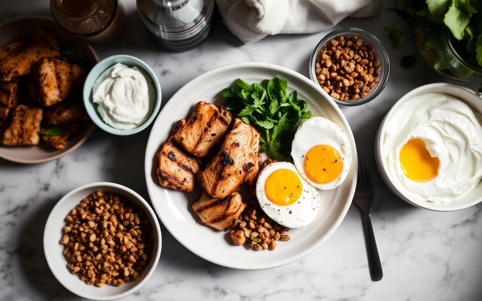 Grilled chicken, eggs, lentils and Greek yogurt arranged on a slate plate