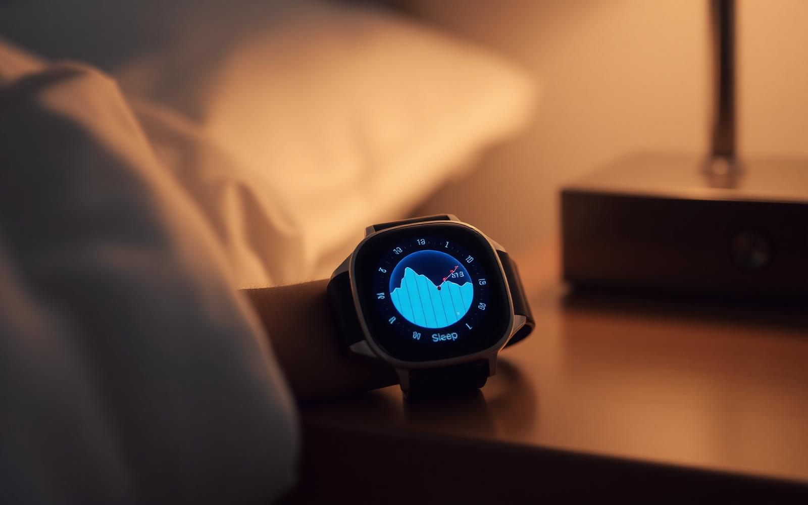 Smartwatch on a nightstand displaying a sleep score graph