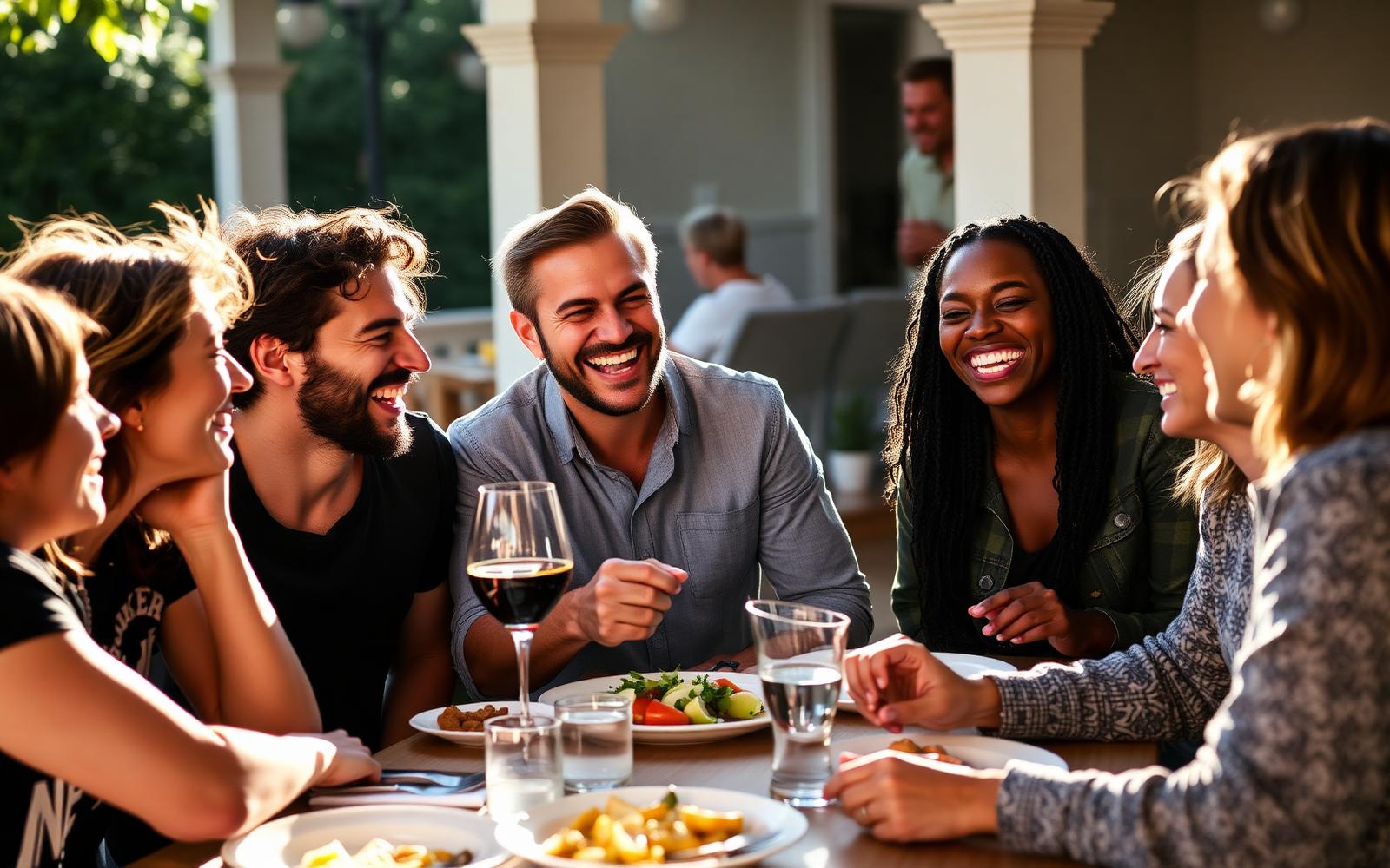 Group of older friends laughing together over coffee outdoors