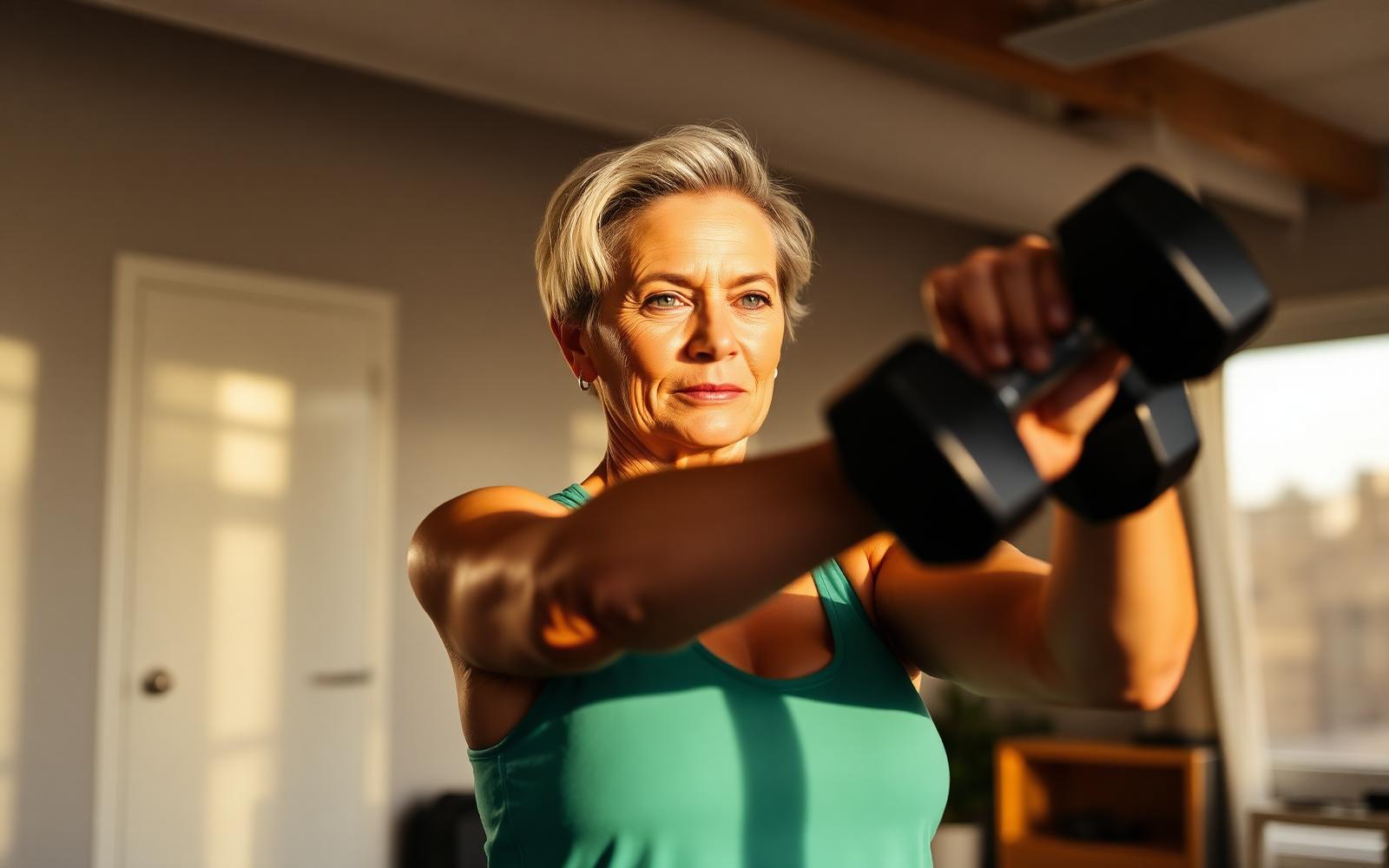 Middle-aged woman lifting a dumbbell in a bright home gym