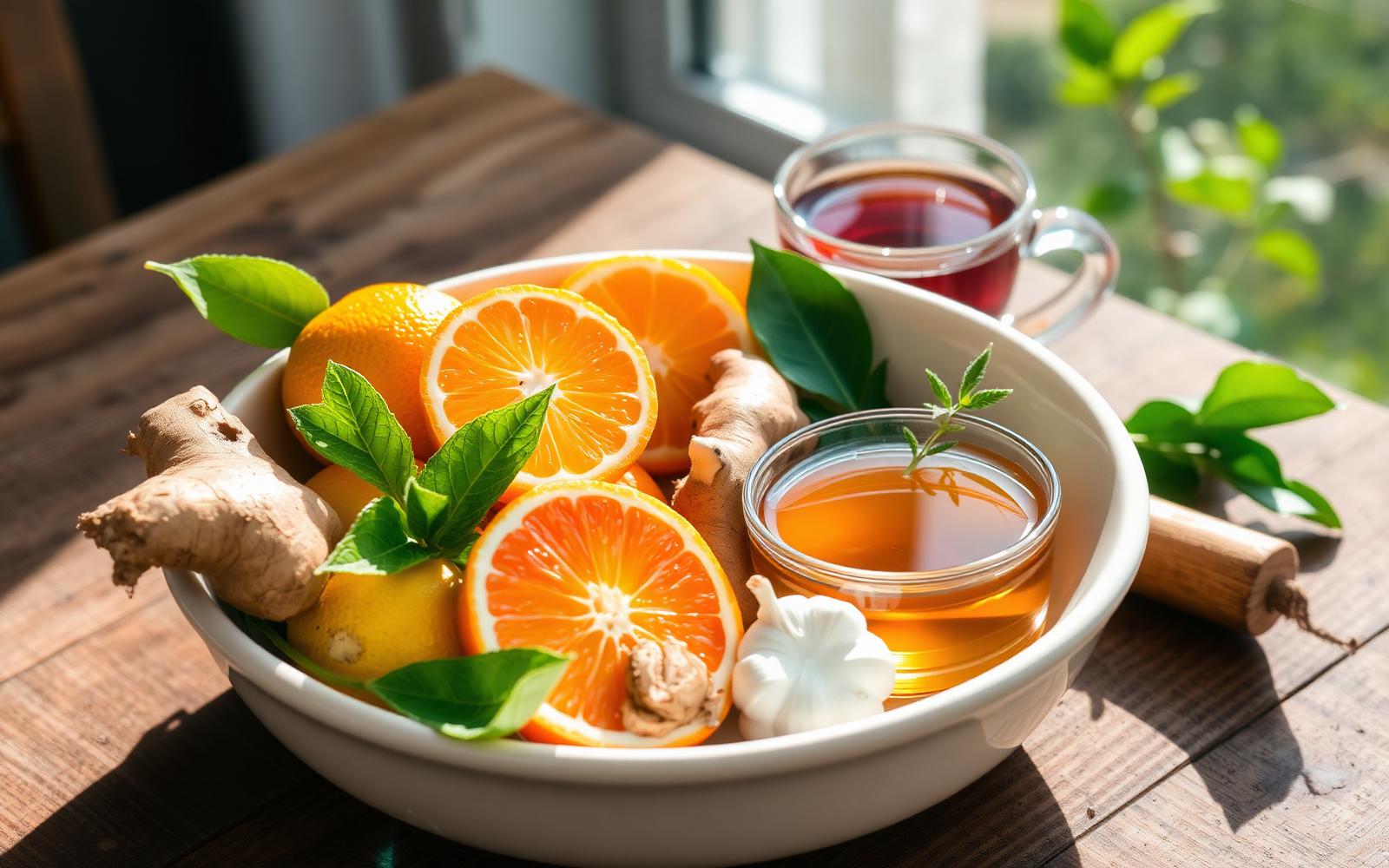Citrus fruits, ginger and garlic arranged on a linen cloth