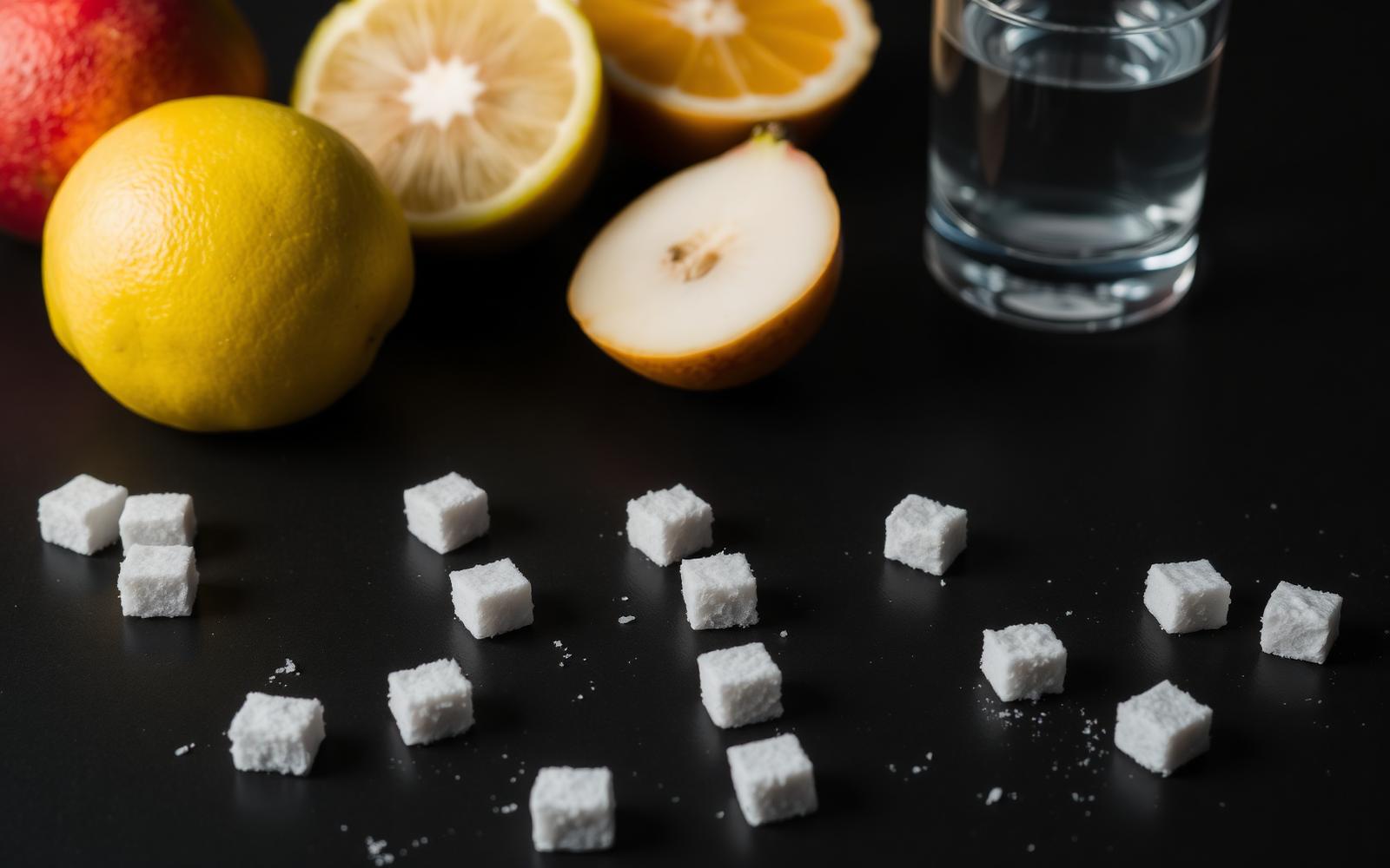 Sugar cubes spilled next to fresh strawberries and dark chocolate squares