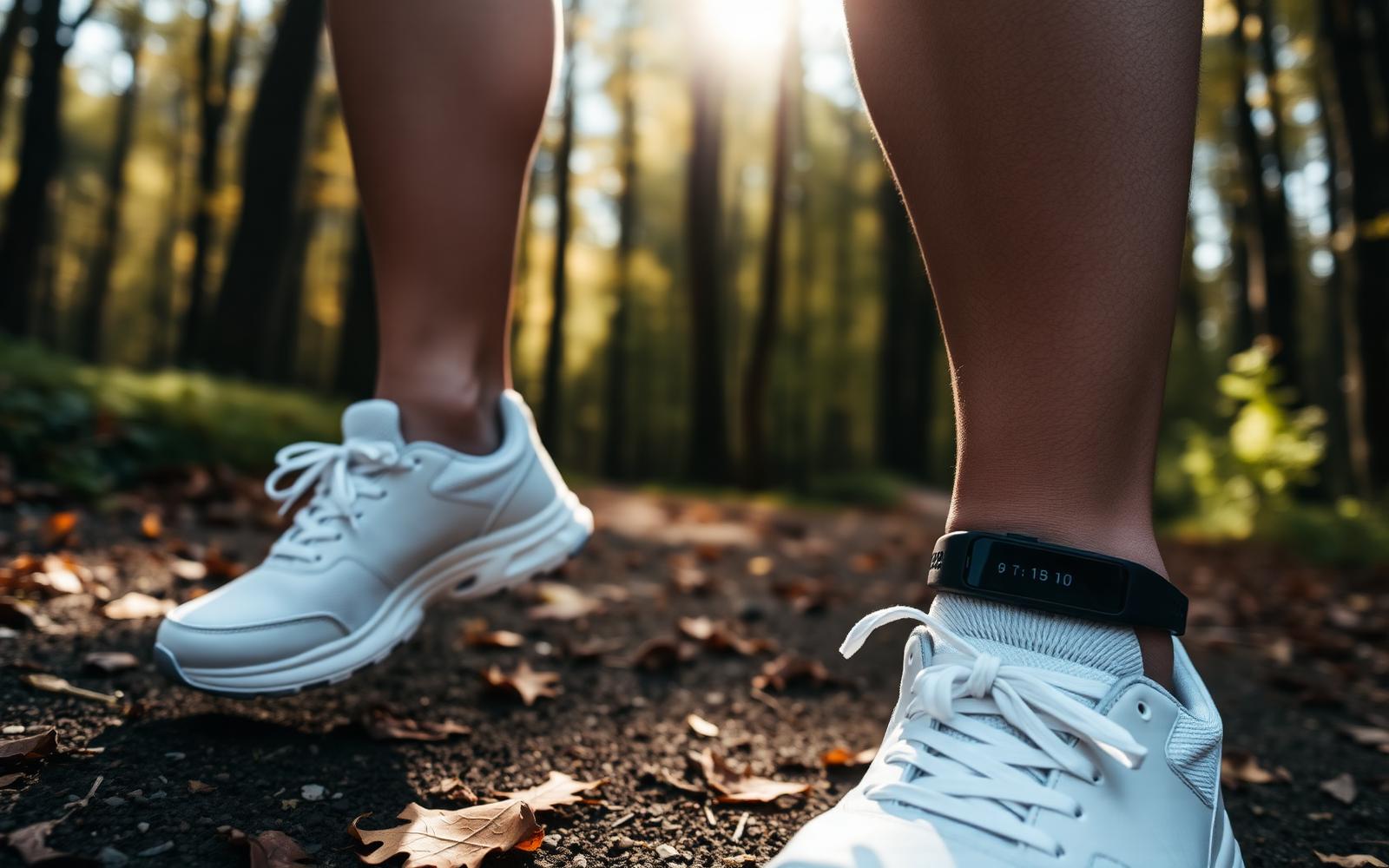 Close-up of running shoes on a forest trail mid-stride