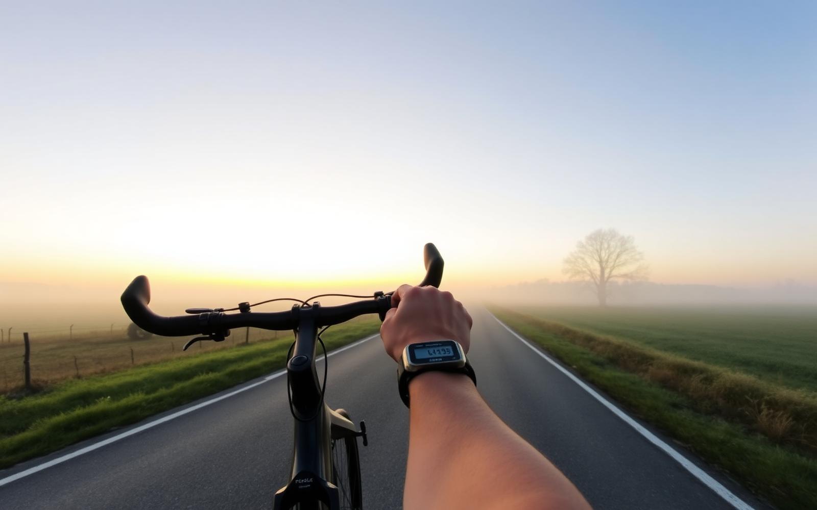 Cyclist riding on a flat country road in soft morning light